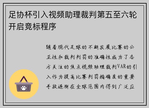 足协杯引入视频助理裁判第五至六轮开启竞标程序 足协杯引入视频助理裁判第五至六轮开启竞标程序