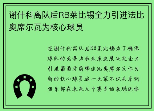 谢什科离队后RB莱比锡全力引进法比奥席尔瓦为核心球员